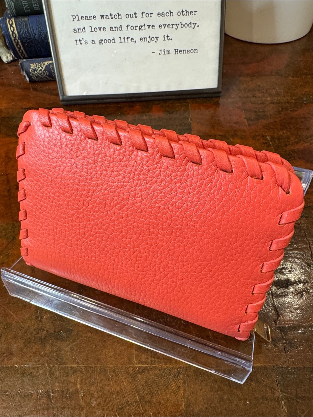 Tory Burch Coral Pebbled Leather Whipstitch Wallet - Picture 2 of 8